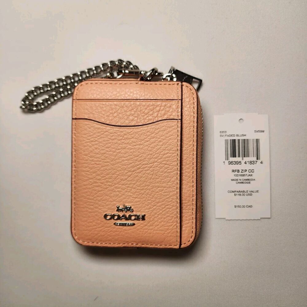 NWT 6303 Coach Zip Card Case With Chain Leather Faded Blush